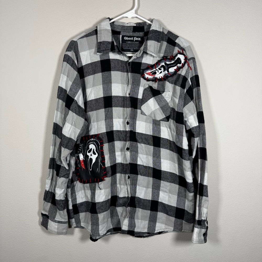 Ghost Face Scream Buffalo Plaid Flannel Shirt Black White Patchwork Mens 2XL